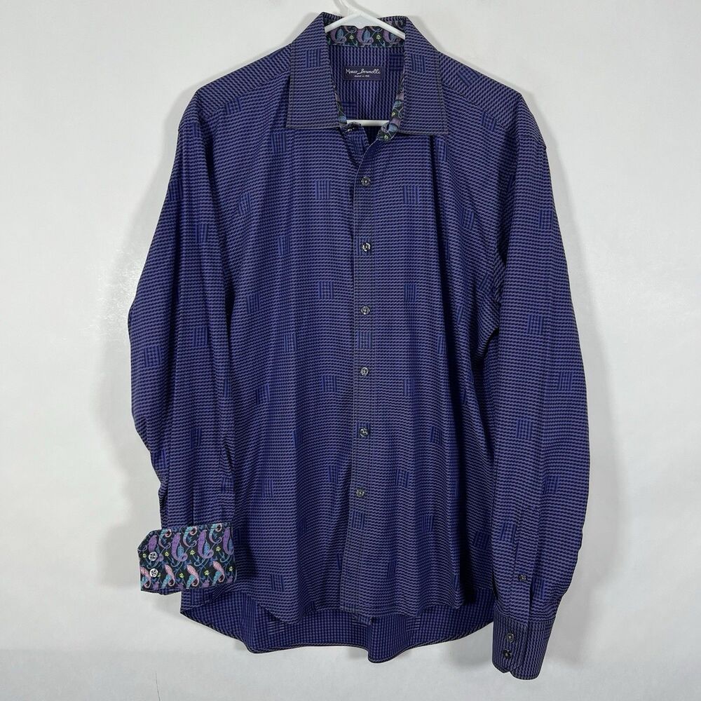 Marco Brunelli Button Up Shirt Mens Size Large Purple Geometric Flipcuff LS EUC